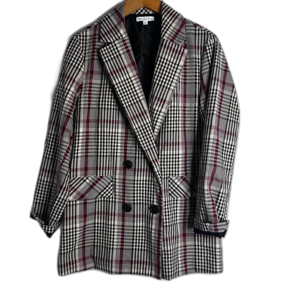 Ophelia Roe Black Red White Plaid Double Breasted Blazer Jacket Size‎ Large